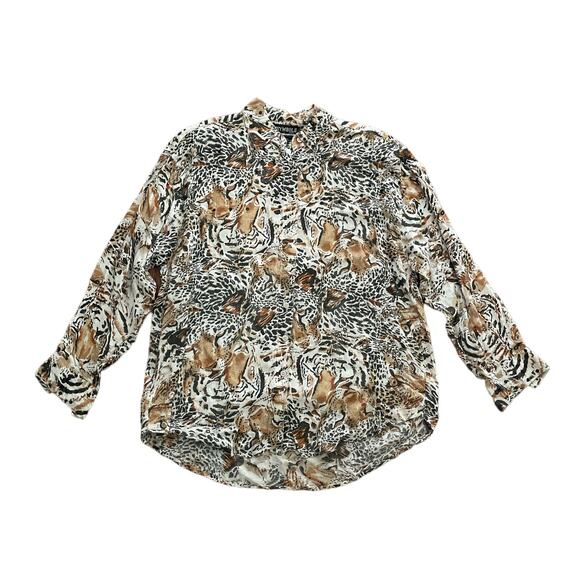 1990s Vintage Symbol 2000 Neutral Leopard Animal Patterned Button Up Top Small - Picture 1 of 4